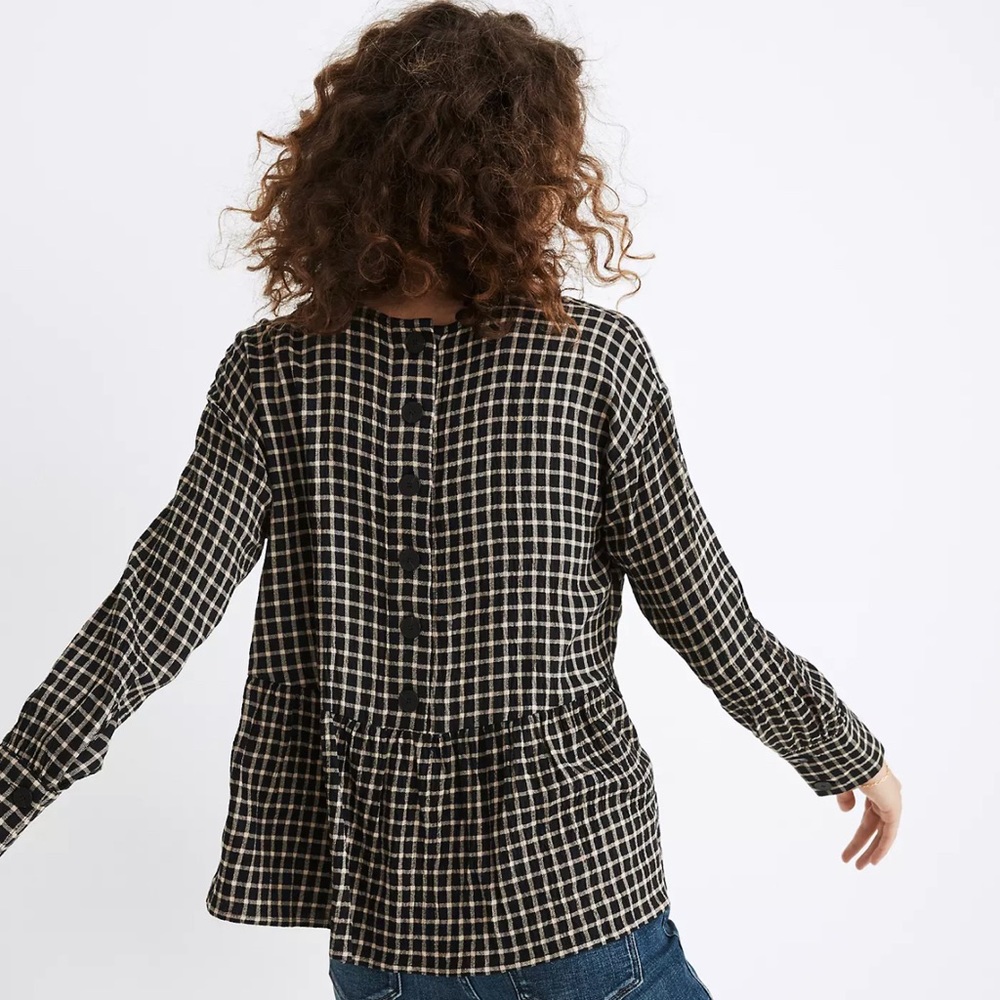 Button-Back Peplum Top in Mini Windowpane